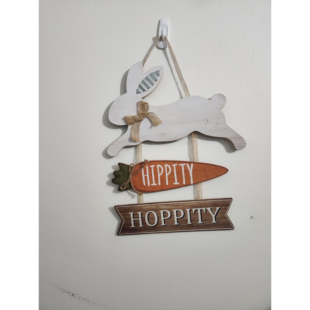 Easter Bunny Hippity Hoppity Wooden Door Hanger Rustic Farmhouse Spring Decor